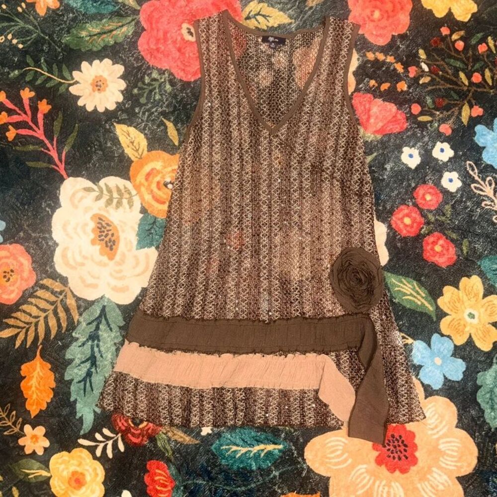 Lily Brown Open Knit Crochet Dress Tunic with Rosette Accent Size M Read